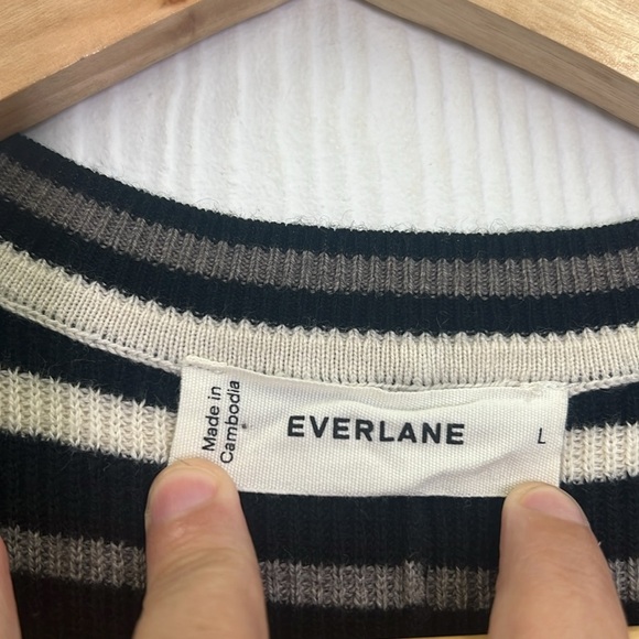 EVERLANE - Ribbed Taupe Canvas Black Stripe Short Sleeve Midi Dress Size Large - Picture 9 of 12